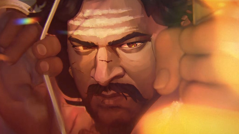 Prabhas as the voice of Mahendra Baahubali holding a fiery bow and arrow in Baahubali: The Eternal War - Part 1