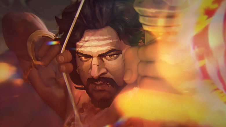 Prabhas as the voice of Mahendra Baahubali holding a fiery bow and arrow in Baahubali: The Eternal War - Part 1