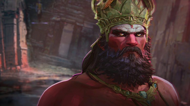 An image of Vishasura wearing a crown and standing in a fallen city in Baahubali: The Eternal War - Part 1