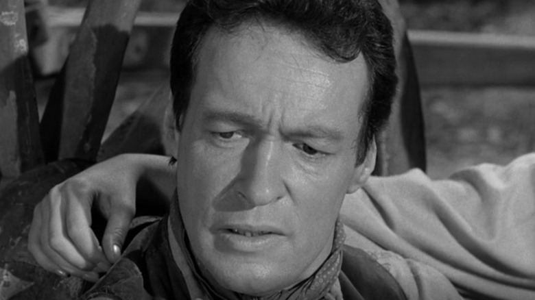Russell Johnson's Burt Harvey is seen looking upset in closeup in Rawhide