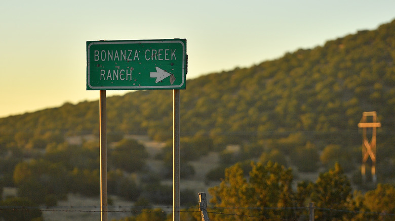 A sign points to Bonanza Creek Ranch, where a fatal shooting accident occurred on the set of the film Rust in New Mexico