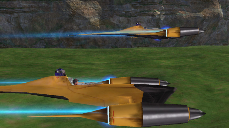 Two N-1 Naboo Starfighters flying low to the ground in Star Wars: Starfighter