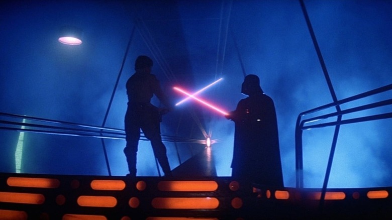 Luke Skywalker and Darth Vader fight with their lights in the CITY at Star Wars: The Empire Strikes Back