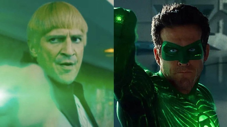 Nathan Fillion dan Ryan Reynolds sebagai Green Lanterns Guy Gardner dan Hal Jordan menembakkan cincin mereka