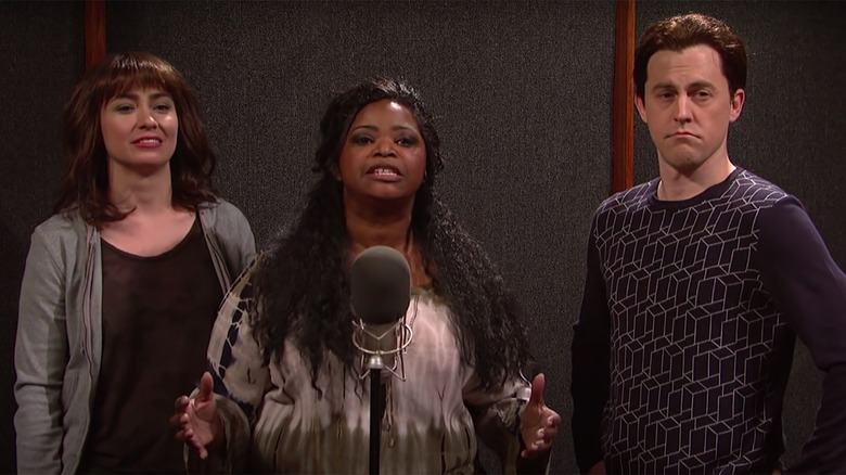 Melissa Villaseñor and Alex Moffat on SNL with Octavia Spencer