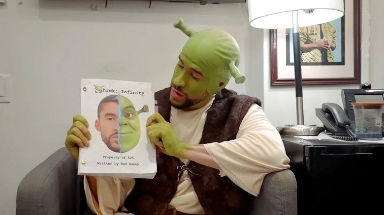 Bad Bunny dressed as Shrek with Shrek: Infinity script that he wrote