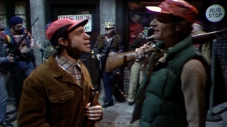 Jim Bob (Joe Piscopo) and Uncle Lester (Charles Rocket) talking on Saturday Night Live