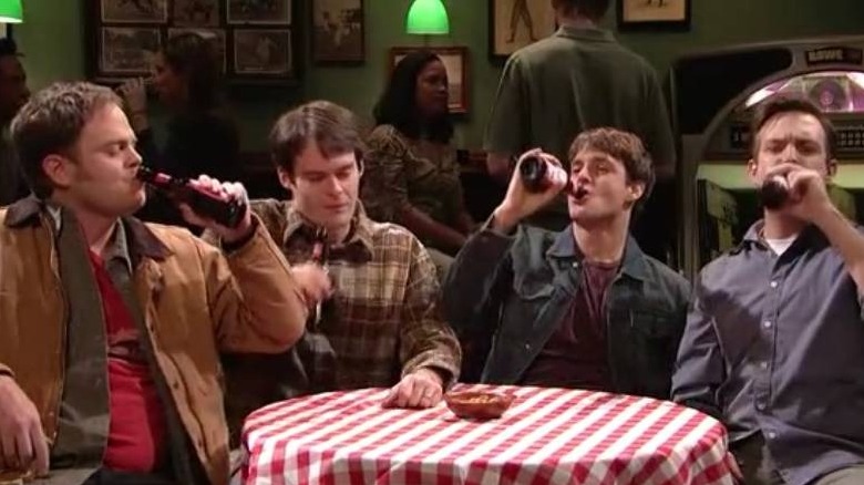 Rainn Wilson, Bill Hader, Will Forte, and Jason Sudeikis drinking beers on Saturday Night Live