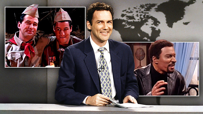 Alec Baldwin and Adam Sandler in SNL's Canteen Boy sketch and Jimmy Fallon in blackface as Chris Rock in graphic boxes around Norm Macdonald at the Weekend Update desk on Saturday Night Live