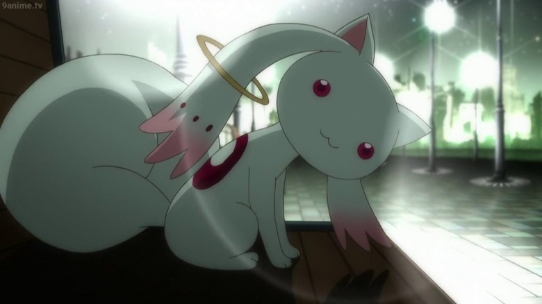 Kyubey stands with his head tilted in Puella Magi Madoka Magica