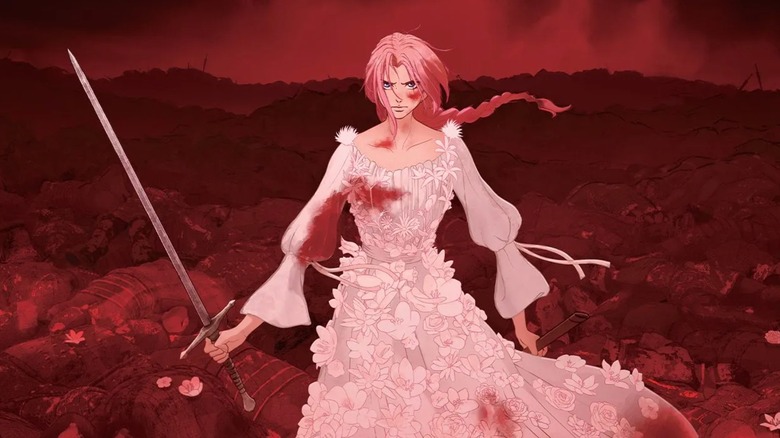 Scarlet (2025) - Scarlet in white dress, holding sword, standing on mountain of corpses in Hell