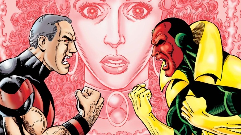 Avengers #23 - Wonder Man and Vision facing off with Scarlet Witch's face hanging in background