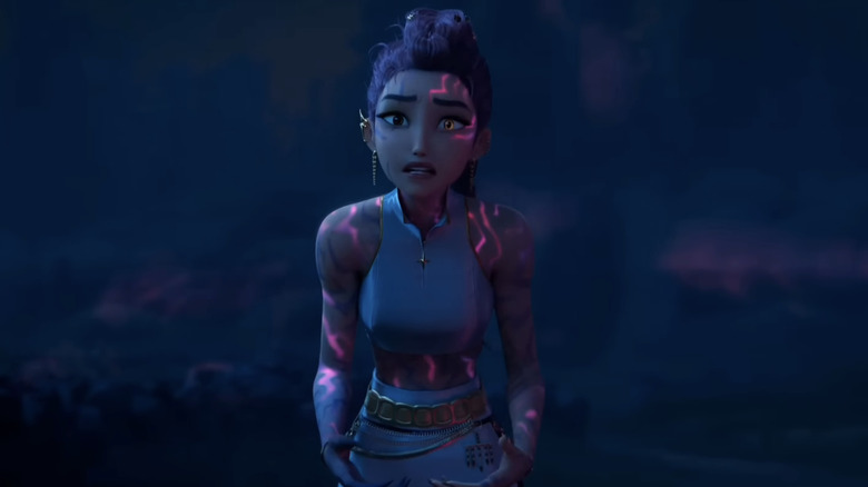 Rumi stands with her demon markings on display in KPop Demon Hunters