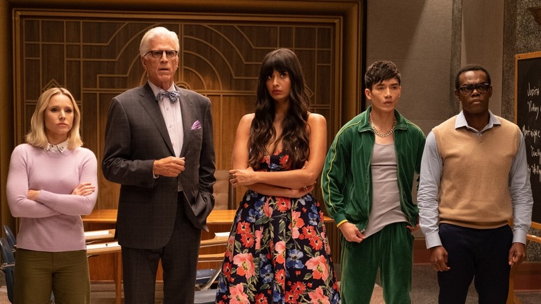 The crew of The Good Place make their case in Heaven.