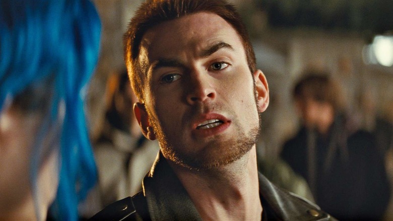 Chris Evans as Lucas Lee looking at someone with an aloof look on his face in Scott Pilgrim vs. The World