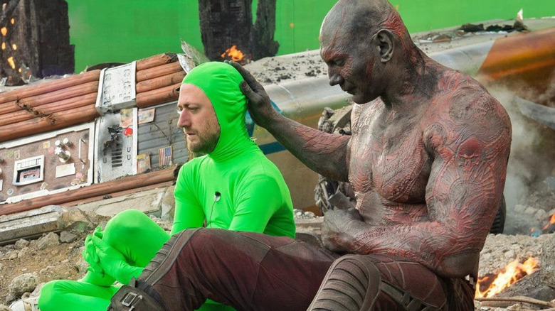 Dave Bautista and Sean Gunn on the set of Guardians of the Galaxy