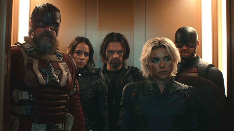 Bucky and the Thunderbolts standing in an elevator in Thunderbolts