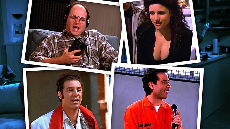 Photographs of Seinfeld scenes including Jason Alexander as George wearing headphones in The Tape, Julia Louis-Dreyfus as Elaine showing her cleavage in The Shoes, Michael Richards as Kramer smiling in The Puerto Rican Day, and Jerry Seinfeld as Jerry performing stand-up in prison in The Finale