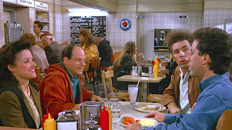 Julia Louis-Dreyfuss, Jason Alexander, Michael Richards, and Jerry Seinfeld in "The Contest" episode of Seinfeld