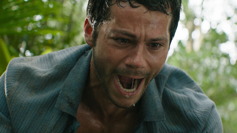 Bradley Preston yells with sweat and spit on his face in Send Help