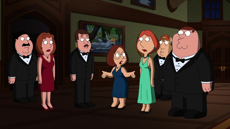 Meg Griffin surrounded by adults in a fancy mansion. They're all in evening wear.