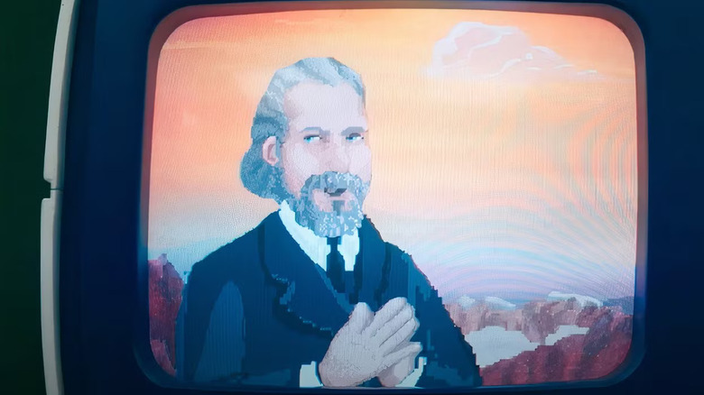 An animated Kier eagan speaking to Helly R. on her MDR computer screen in Severance season 1
