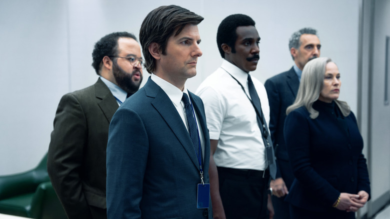 Zach Cherry's Dylan, Adam Scott's Mark, Tramell Tillman's Seth Milchick, John Turturro's Irving, and Patricia Arquette's Harmony Cobel on Severance
