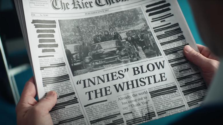 A newspaper with the headline 'Innies blow the whistle' in Severance season 2