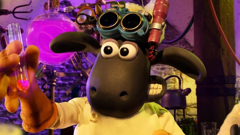 Shaun holding a test tube and wearing chemistry lab equipment in Shaun The Sheep: The Beast Of Mossy Bottom