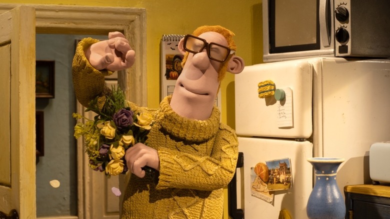 The Farmer rubbing his armpits with flowers in Shaun The Sheep: The Beast Of Mossy Bottom