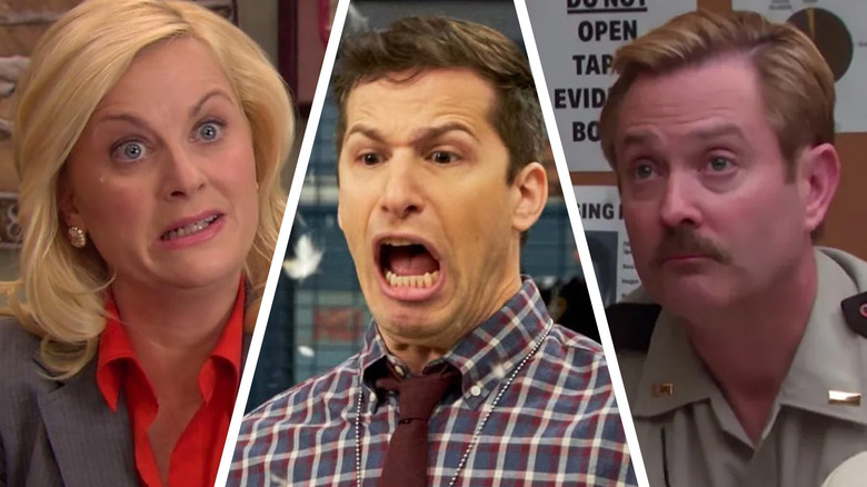 Amy Poehler as Leslie Knope in Parks & Recreation, Andy Samberg as Jake Peralta in Brooklyn Nine-Nine, and Thomas Lennon in Reno 911!