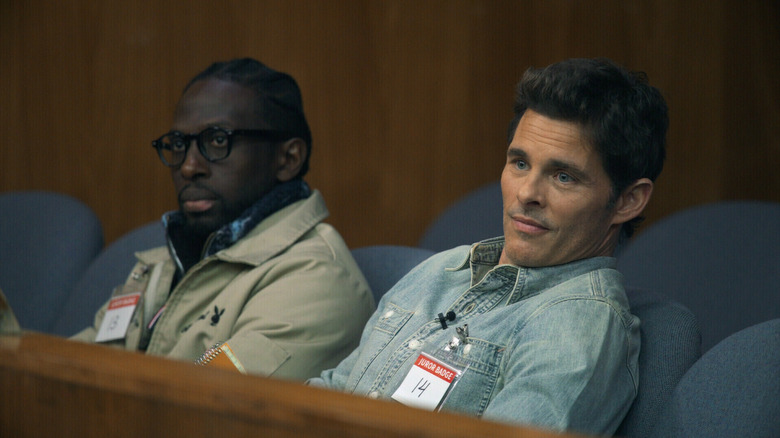 James Marsden sits with the jury in Jury Duty