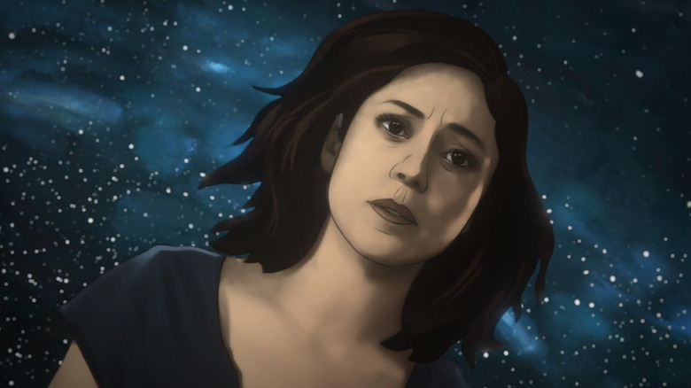 An animated Rosa Salazar drifts in space