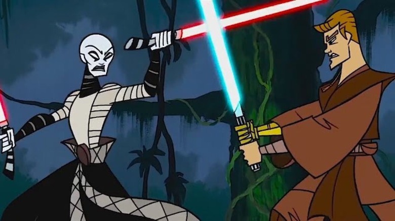 Asajj Ventress dueling Anakin Skywalker with lightsabers
