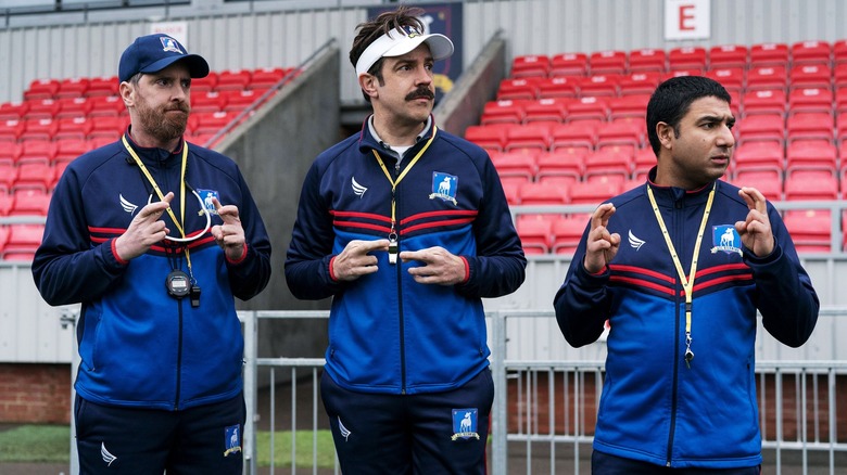Brendan Hunt, Jason Sudeikis, and Nick Mohammed in "Ted Lasso"