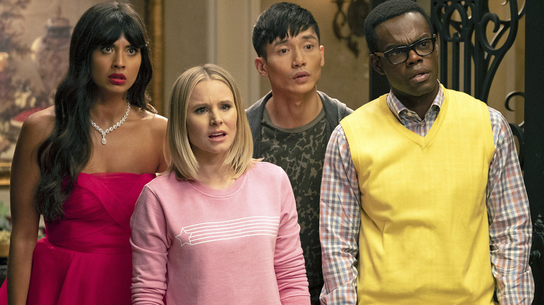 Jameela Jamil, Kristen Bell, Danny Jacinto, and William Jackson Harper in "The Good Place"