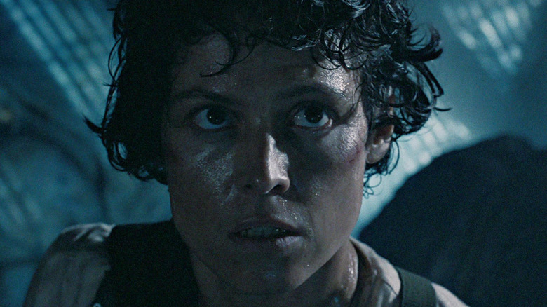 Sigourney Weaver as Ellen Ripley looking scared in Aliens