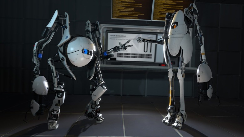 Two white robots playing rock-paper-scissors in Portal 2