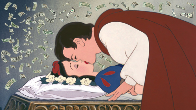Snow White and Prince Charming surrounded by money in Snow White and the Seven Dwarfs