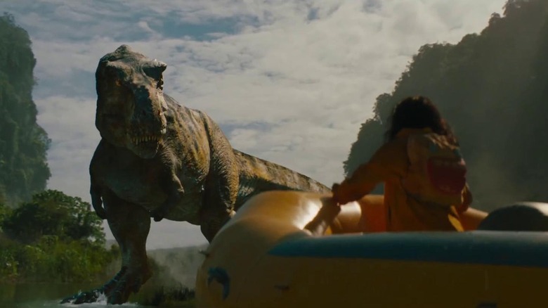 The T-rex getting ready to attack a raft in Jurassic World Rebirth