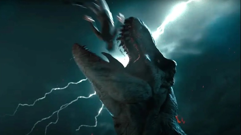 The T-rex eating a Russian soldier as lightning strikes in Primitive War