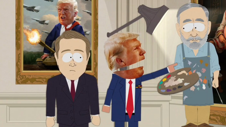 Trump gets angry and yells at a painter in front of a painting of him with a tiny penis in South Park
