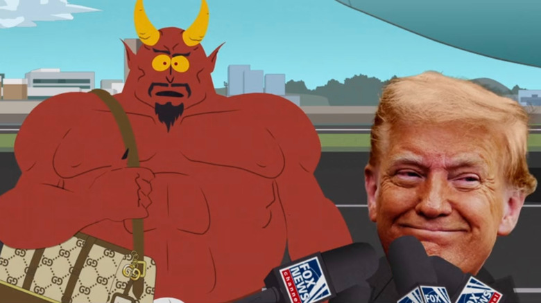Satan looking confused standing next to Donald Trump in South Park