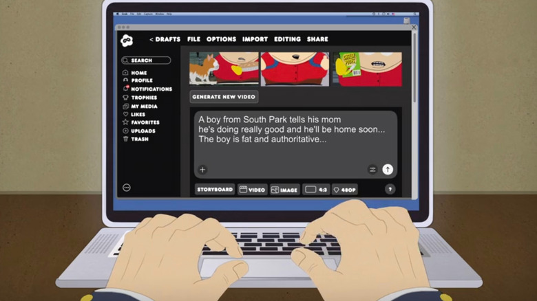 Peter Thiel putting a prompt about Cartman into Sora 2 in South Park