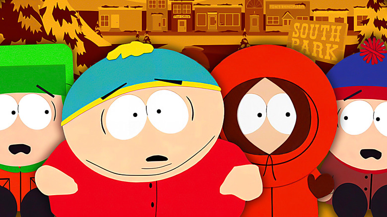 Matt Stone's Kyle and Kenny and Trey Parker's Cartman and Stan looking scared on South Park