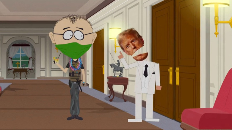 Mr. Jarison and Donald Trump stand in the Mar Lago Corridor in South Park