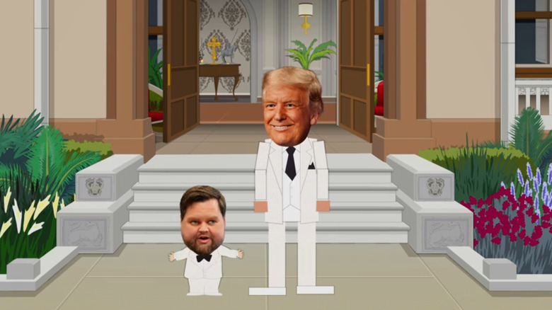 Tiny JD Vance and Donald Trump stands in front of the Mar-A-Lago entrance in South Park