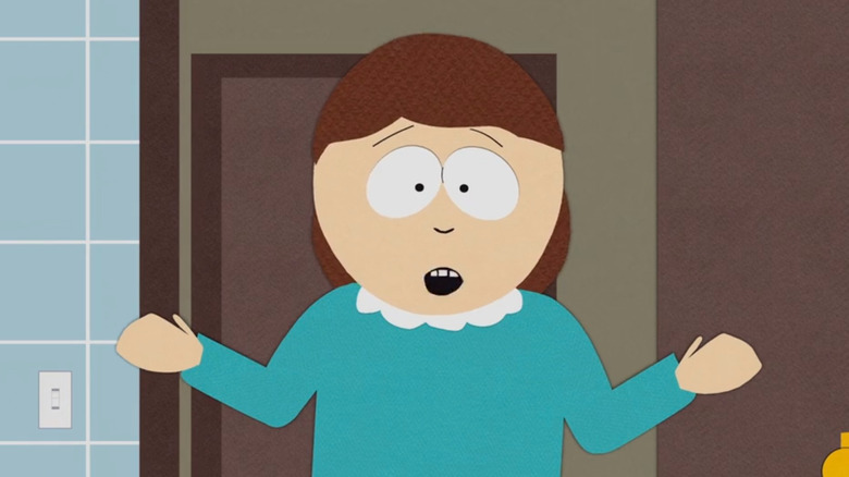 Mrs. Cartman holding her arms up in confusion in South Park