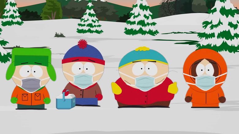 Kyle, Stan, Cartman, and Kenny wearing masks in South Park