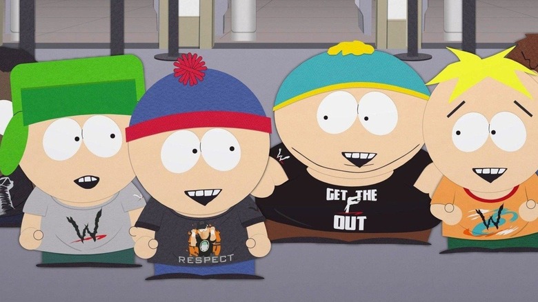 South Park Kyle, Stan, Eric and Butters wearing wrestling t-shirts